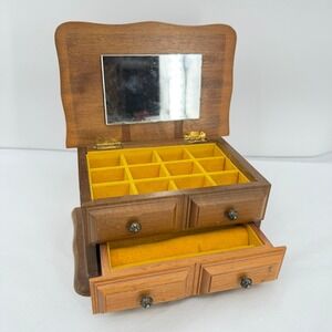 Price Imports Wooden Jewelry Box Mirror Drawer VTG Felt Lined Retro Vanity